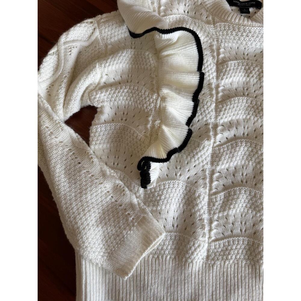 MARC NEW YORK Sweater Womens Size L White Black Mock Neck Ruffle Cable Knit Chic - Picture 3 of 4
